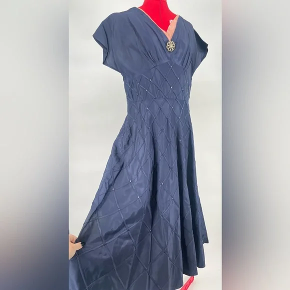 1950s Pickwick Fashions Navy Blue Fit & Flare Formal Short Sleeve Dress - Picture 5 of 15
